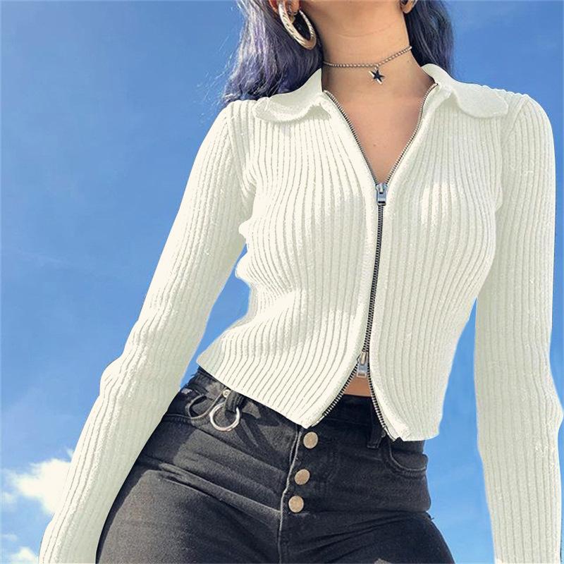 Women slim fit sexy zip up cropped polo sweater for fall/winter