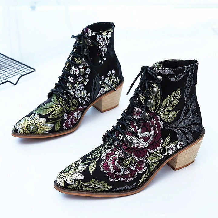 Women's floral embroidered pointed toe vintage lace-up boots with square heel