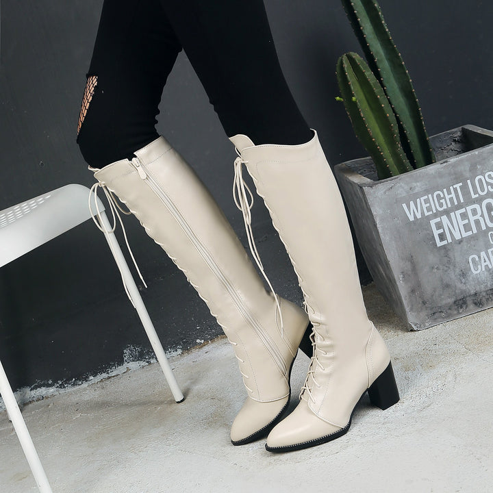 Pointed toe lace-up block heel knee high boots for women