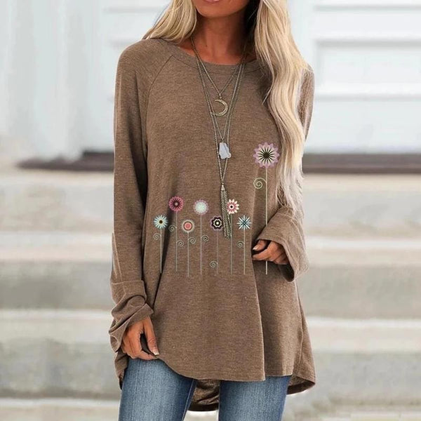 Women Casual Crew Neck Solid Long Sleeve Floral Shirts & Tops - fashionshoeshouse