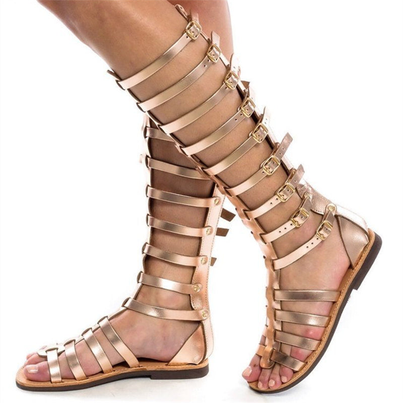 Buckle straps knee high gladiator sandals for women flat roman strappy hollowed summer sandals boots