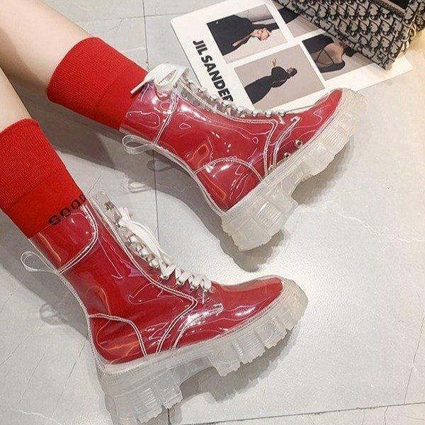 Women's transparent jelly mid calf chunky platform lace-up boots