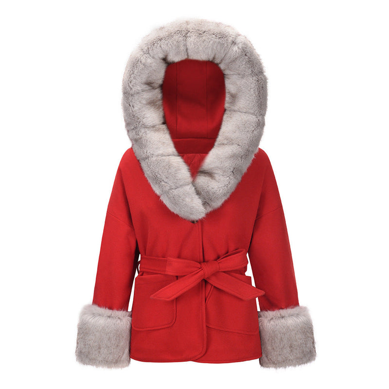 Women's furry collar hooded coat with belt cotton lined winter warm outerwear
