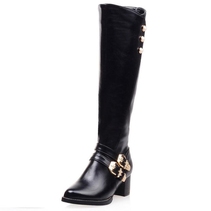 Women's buckle strap block heel knee high knight boots