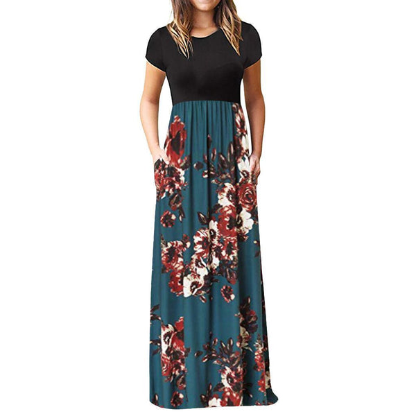 Women's summer casual short sleeves printed A line maxi dress with pockets