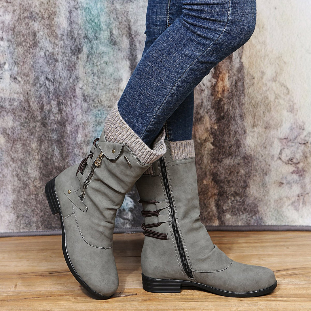 Women sweater cuff mid calf slouch boots low heel biker boots