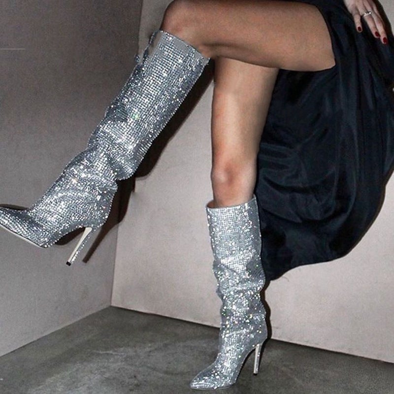 Rhinestone shining stiletto knee high boots glitter fashion show party boots