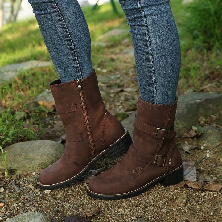 Autumn new casual round head Mid calf biker boots