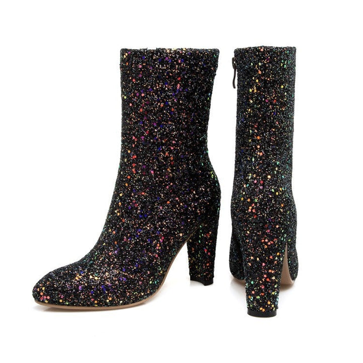 Women's sequins glitter chunky high heel mid calf boots