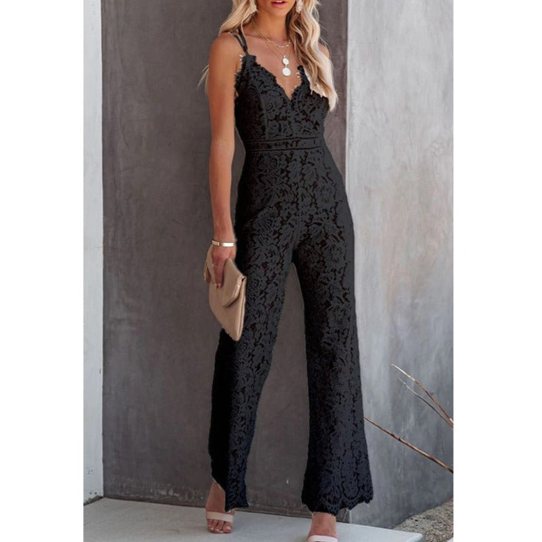 Women's summer floral lace spaghetti strap wide leg jumpsuits