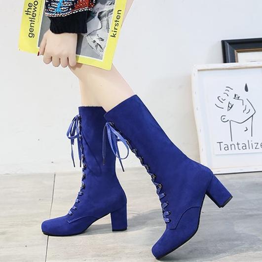 Faux suede lace-up chunky high heel tall boots for women