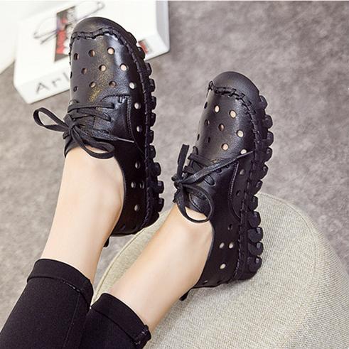 Women's hollow leather front lace loafers shoes | Soft comfy walking spring summer shoes