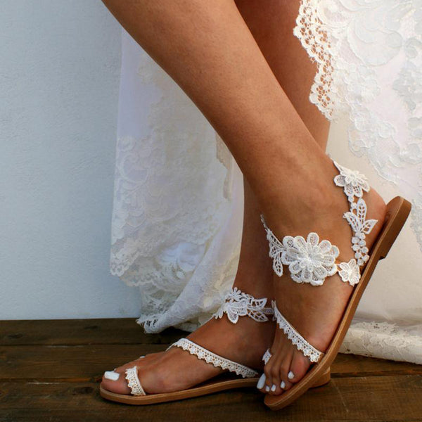 Women Bride Floral Strappy Flat White Wedding Sandals - fashionshoeshouse