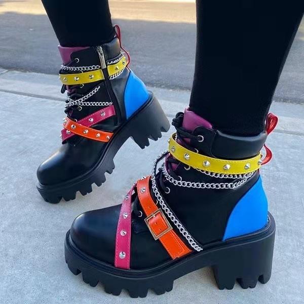 Women multicolor patchwork rivets straps chunky platform bootis | Stempunk studded ankle boots