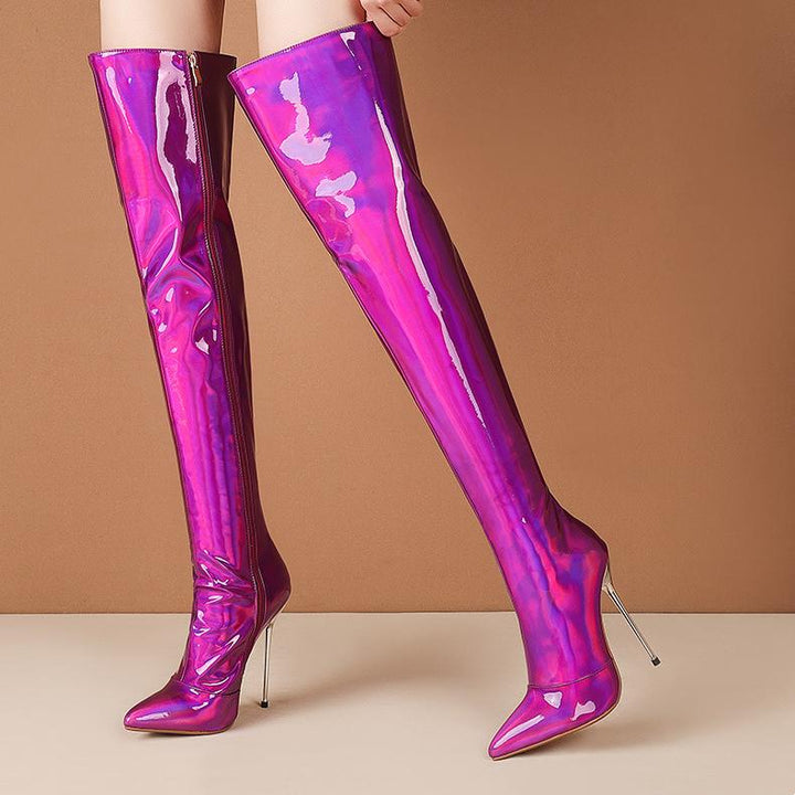 Women's sexy shining metal mirror stiletto thigh high boots for party & nightclub