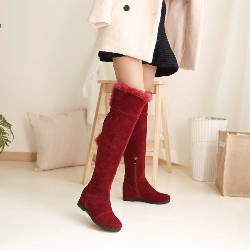 Women's furry warm thigh high snow boots | Cute back poms lace-up tall boots