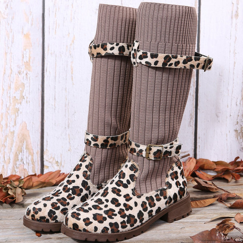 Knitted low heel mid calf boots for fall winter