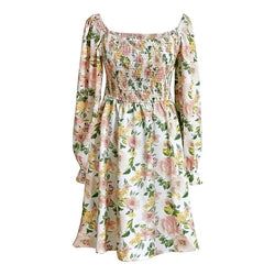 French chic flower print square neck long sleeves mini dress Spring summer party prom dress
