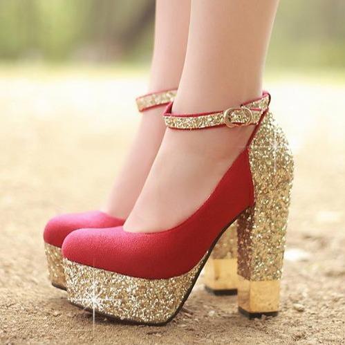 Women sexy sequin glitter buckle strap platform chunky high heels for wedding party