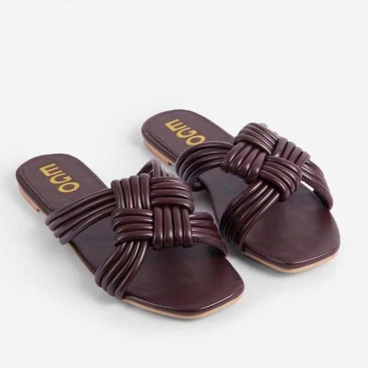 Women's flat peep toe woven slide sandals