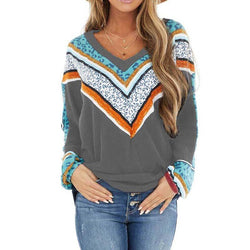 Women ethnic floral patchwork v neck knitted sweater