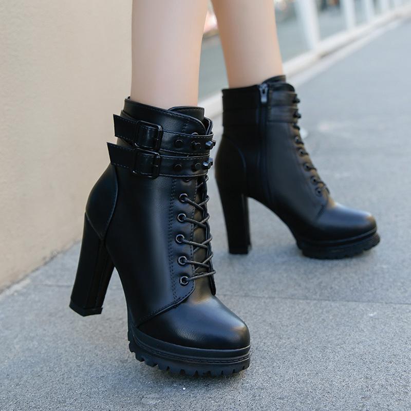 Women's chunky high heel buckle strap combat boots