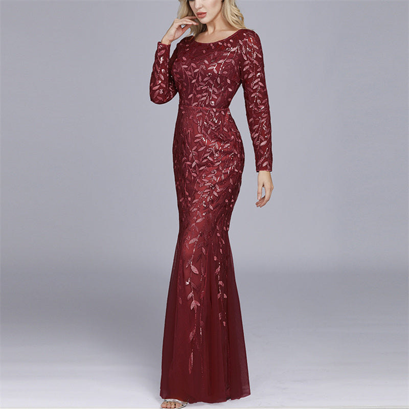 Women's sequins rhinstone mesh lace mermaid maxi dress | Long sleeves bodycon evening party prom banquet dress