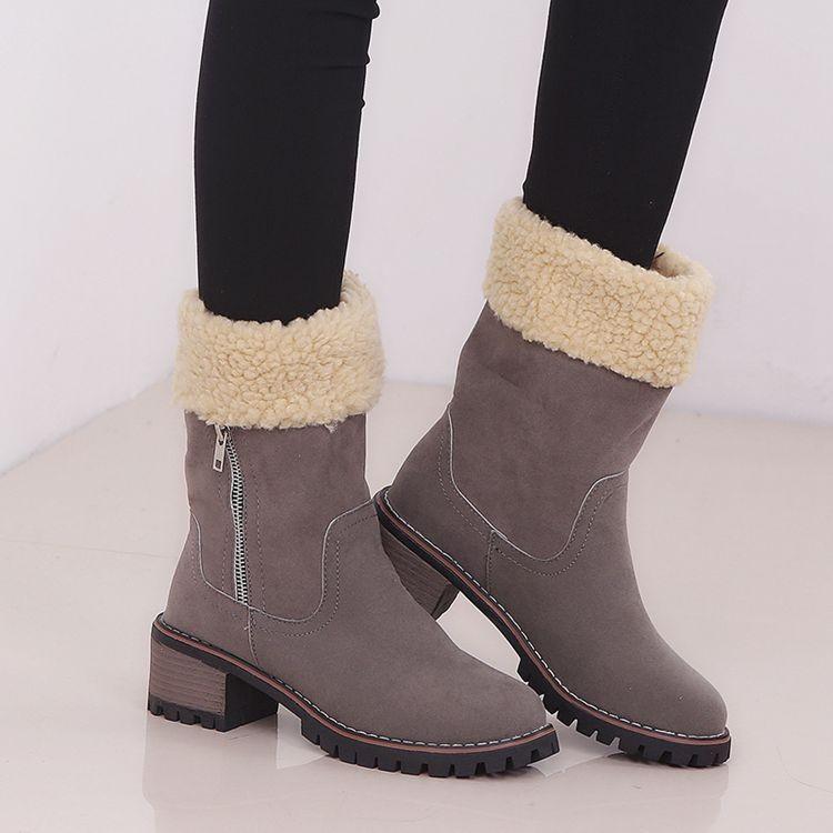 Women's winter plush cuff chunky block heel mid calf boots