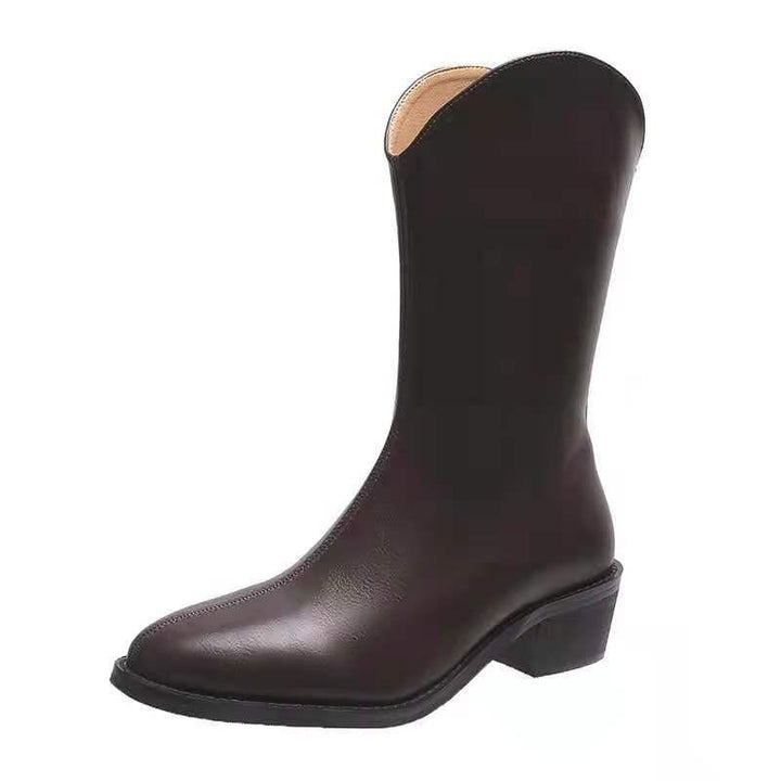 Solid color pointed toe mid calf boots with side zipper