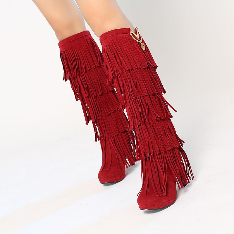 Women fringe high heeled knee high boots