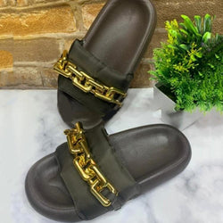 Women's wide width peep toe platform slide sandals with metal chain d¨¦cor