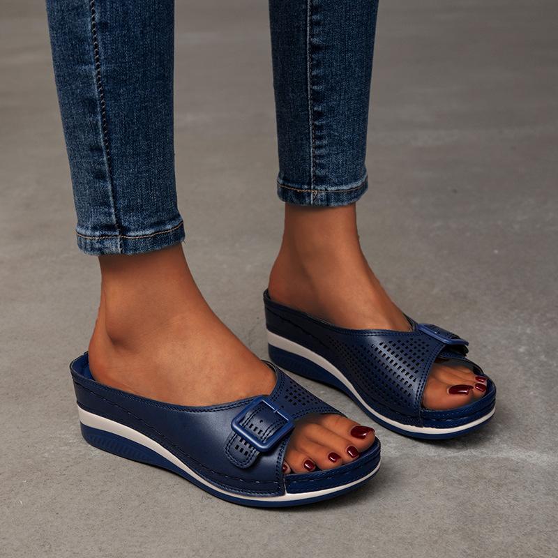 Women peep toe adjustable buckle arch support platform wedge slide sandals