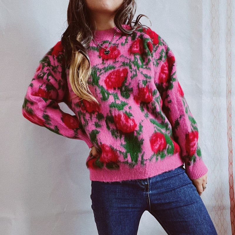 Women's vintage rose flower sweater knitted pullover sweater crewneck