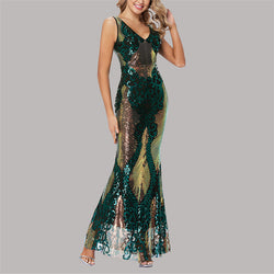 Sqeuins shining sexy v neck mermaid maxi dress | Evening party prom formal fishtail dress