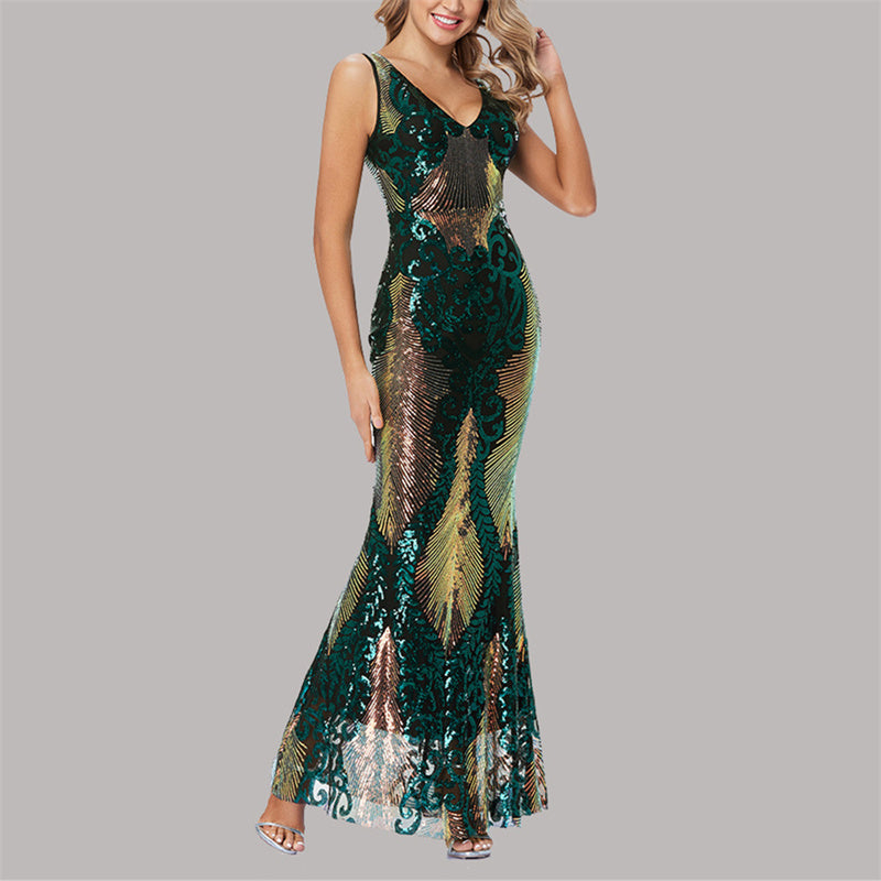 Sqeuins shining sexy v neck mermaid maxi dress | Evening party prom formal fishtail dress