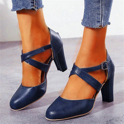 Women's round toe ankle criss cross strap chunky pumps summer cloded toe chunky high heels