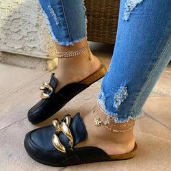 Women's closed toe metal chain mules sandals flat comfy walking slip on summer shoes
