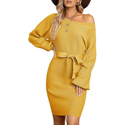 Women's knitted one off-shoulder bodycon mini dress with belt fall winter knit hip wrap dress