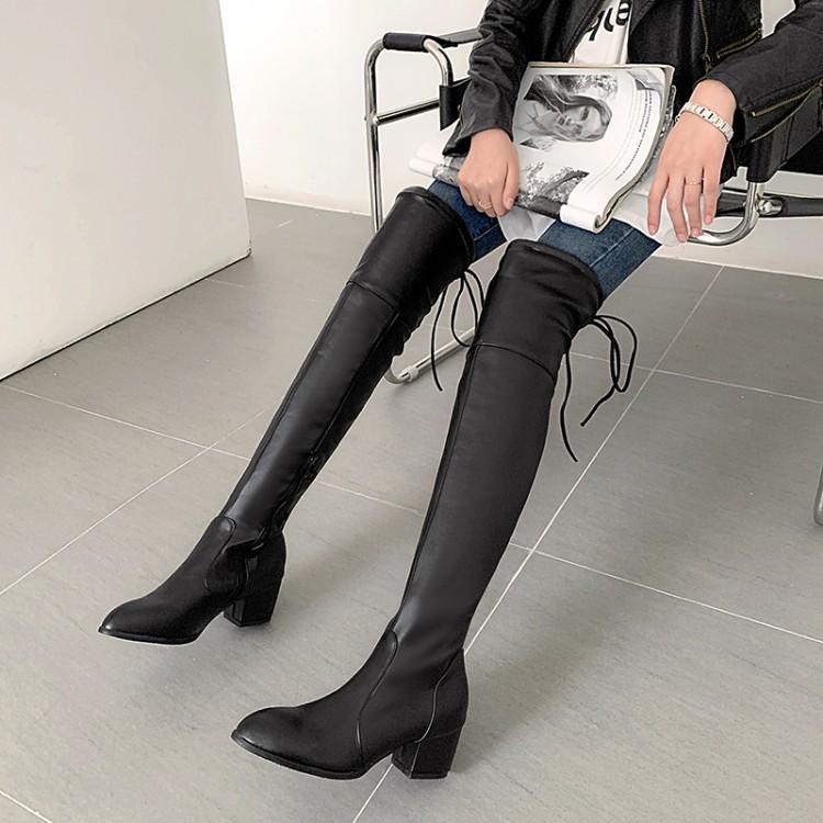 Women's medium block heels thigh high boots Pointed toe over the knee boots