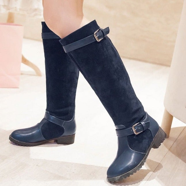 Women's knee high mototcycle boots low heel buckle strap knight boots