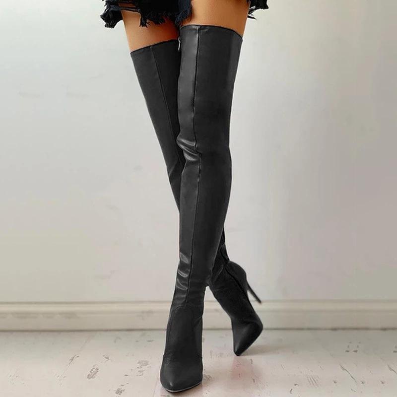 Women slim fit zipper stiletto high heeled pointed toe thigh high boots