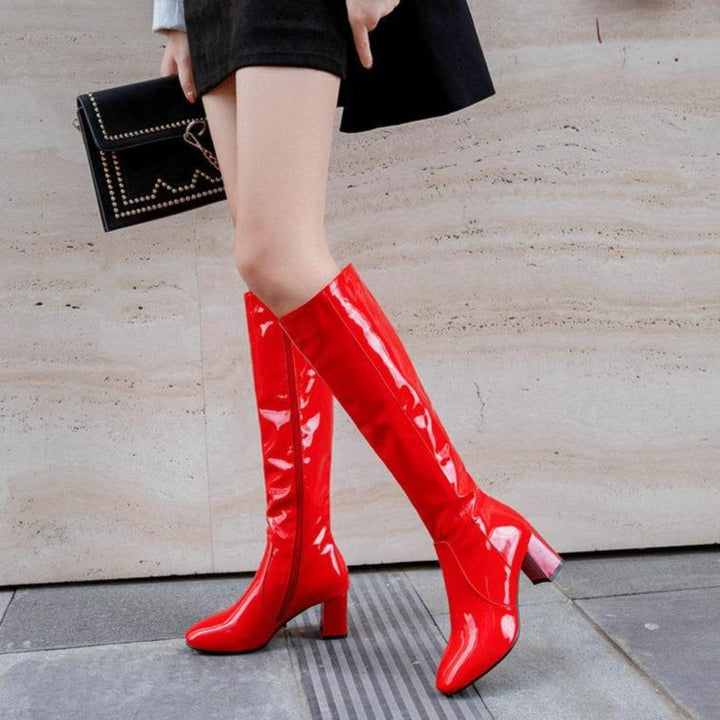 PU patent leather chunky heel knee high boots for party nightclub