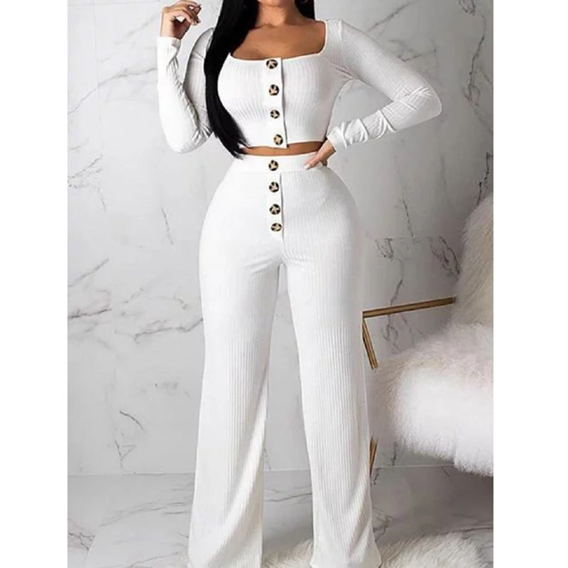 Women's knitted button down long sleeves tops & wide leg pants 2 pieces sets