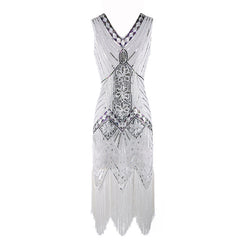 Women's 1920s Sequins Flapper Dresses V Neck Sleevesless Fringed Dress vintage banquet evening party dress