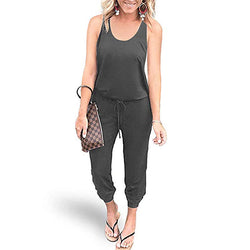 Women's elastic waistband sleevesless jumpsuits with pockets