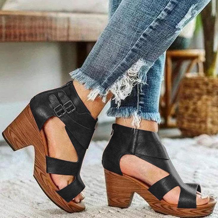 Women vintage peep toe chunky stack heel sandals