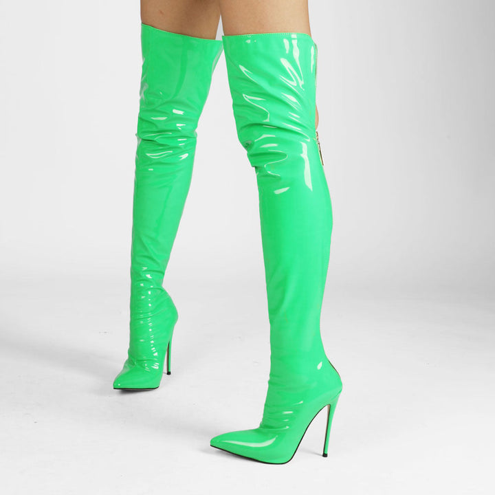 Women's sexy candy color PU patent leather thigh high boots stiletto heels over the knee boots with back zipper