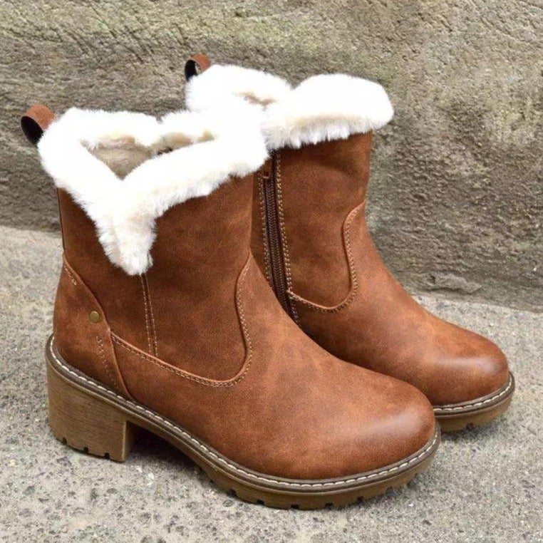 Women's faux fur warm slip on mid calf short snow boots