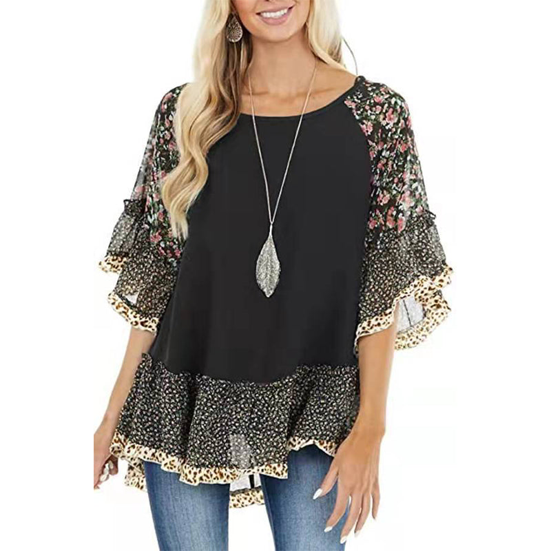 Women's floral printed half sleeves batwing sleeves tops spring summer ruffles pullovers tops