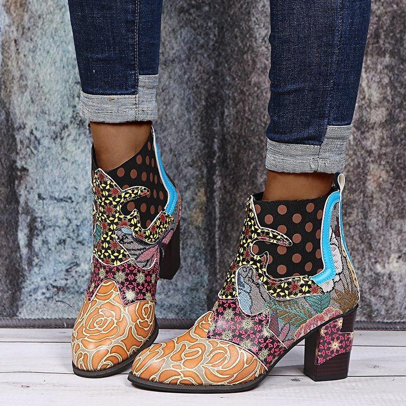 Women's boho ethnic multicolor floral patchwork chunky ankle booties